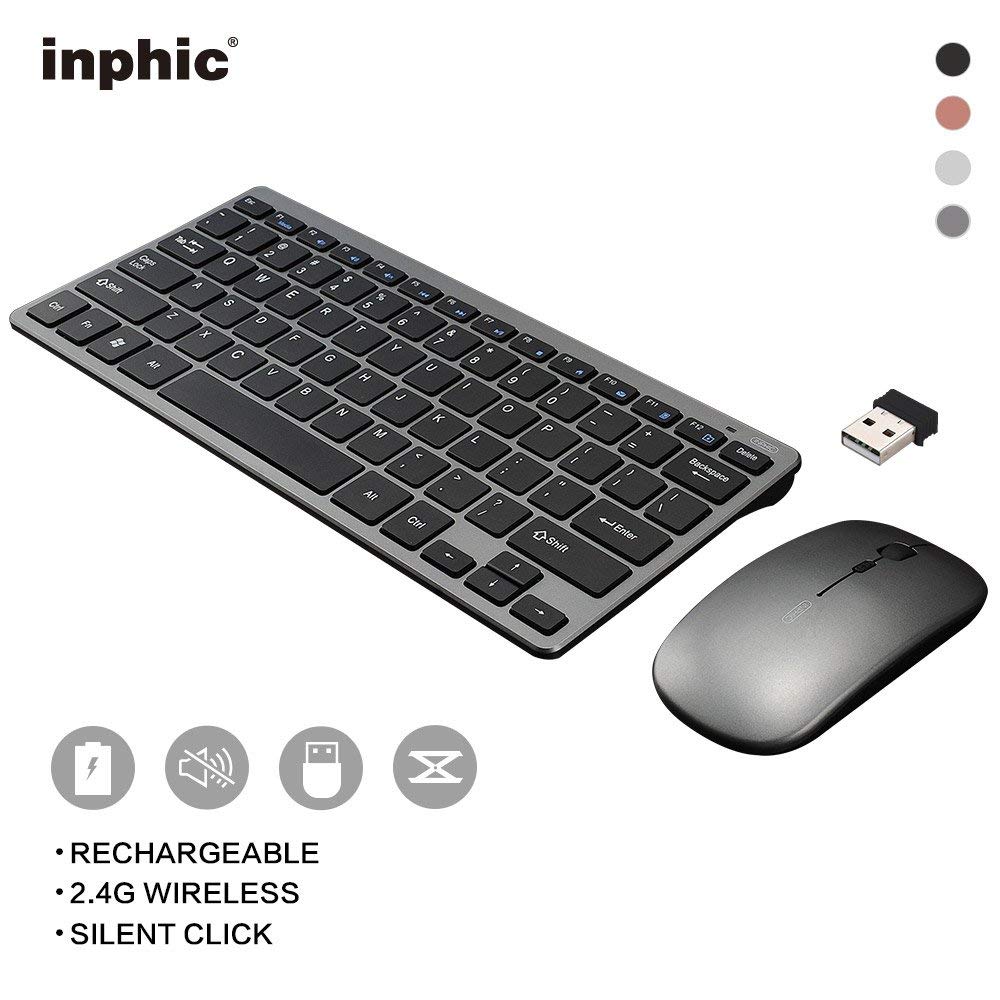 Inphic คีย์บอร์ดและเมาส์ไร้สาย (แบตในตัวเเถมฟรีสติกเกอร์ติดคีย์บอร์ดภาษาไทย) (ปุ่มเงียบ) Wireless Combo Keyboard + Mouse (Rechargeable) (silence click) V780 Grey color