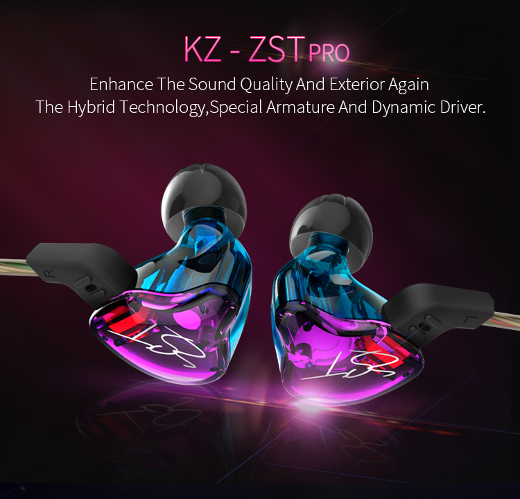KZ ZST New Edition2 สีม่วง (สายถักทองแดง-มีไมค์) hybrid driver 1DD+1BA เบสลึก ถอดสายได้ (Mic)